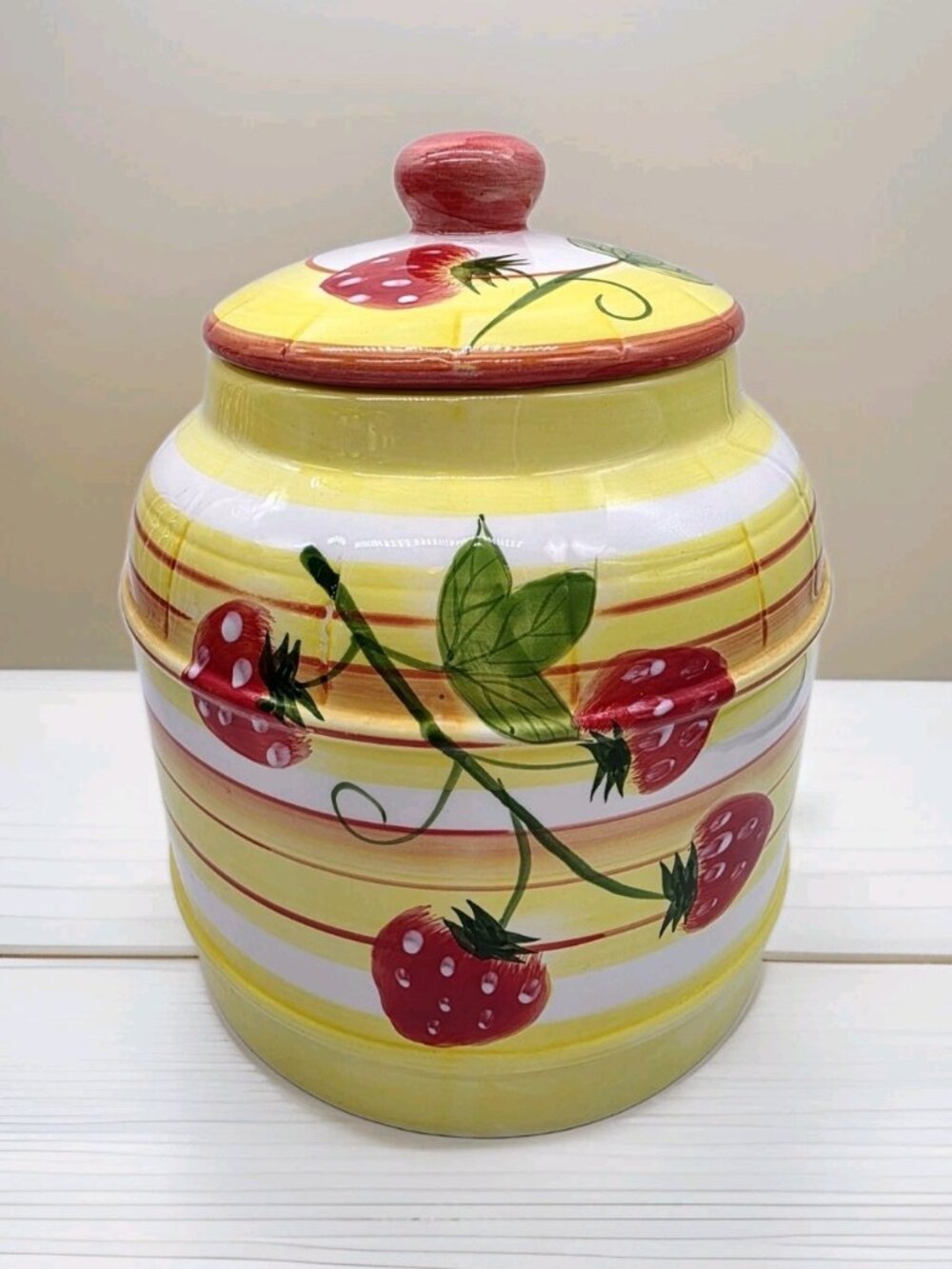 Summer Strawberries Colorful Handpainted Cookie Jar With Lid Country Farmhouse